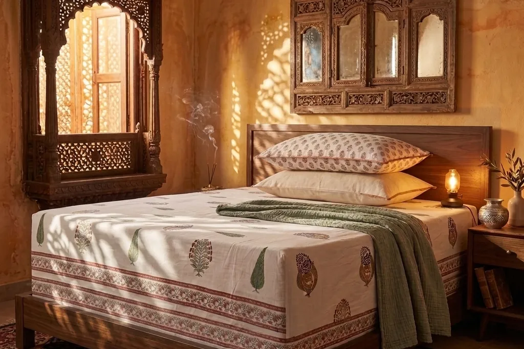 Image 2: Block print fitted bedsheet styled in a traditional Rajasthani bedroom with warm evening light