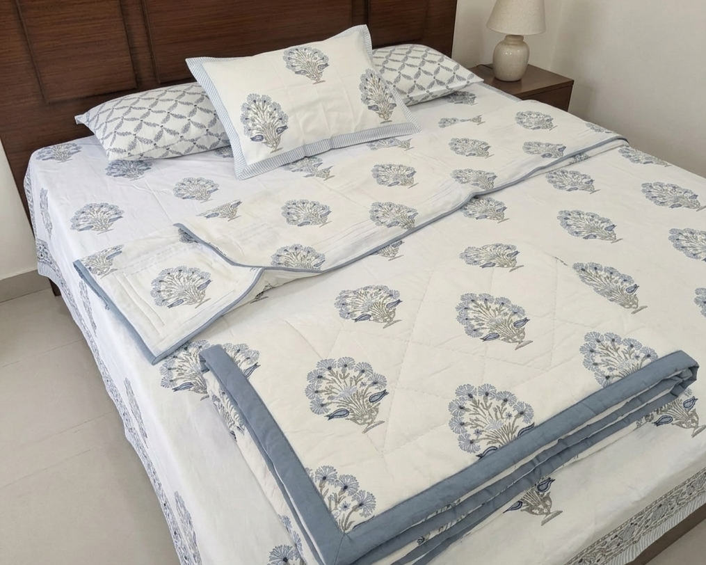 Alt text: Block print bedsheet and matching folded quilt in a blue floral bouquet motif, styled with coordinating pillow shams on a bed