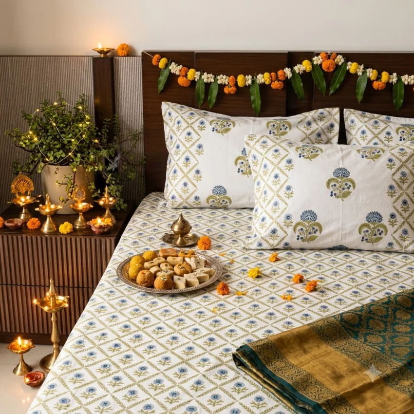 Elegant festive bedroom with hand block print cotton bedding and Diwali décor