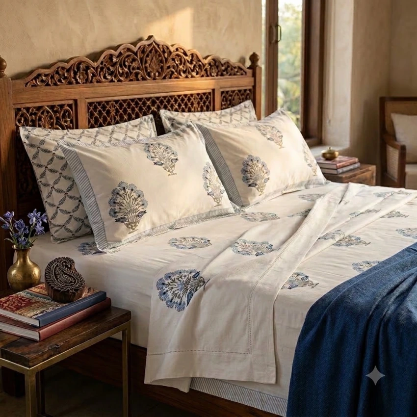 Hand block print bedsheet with peacock motif and wooden printing block on nightstand