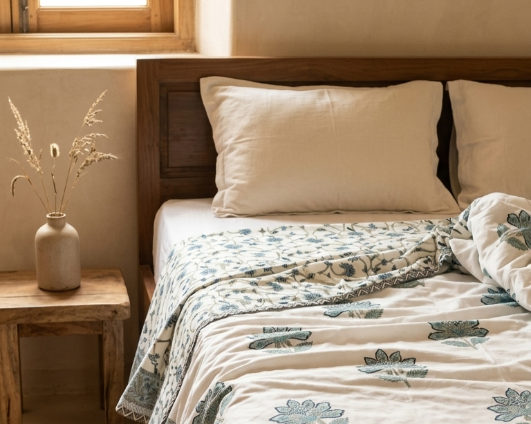 jaipuri hand block print bedding - Blue Jaal reversible dohar styled on a bed