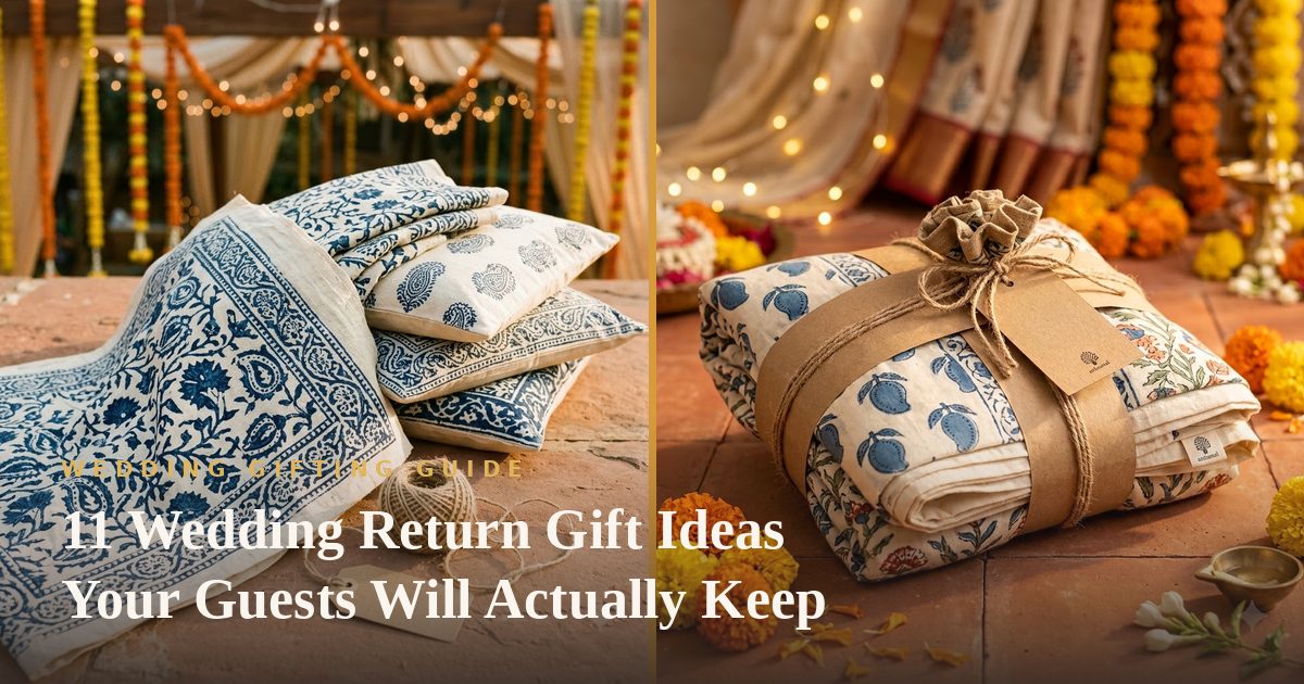 11 Wedding Return Gift Ideas Your Guests Will Actually Keep — hand block printed cushion covers and a wrapped gift box styled for an Indian wedding
