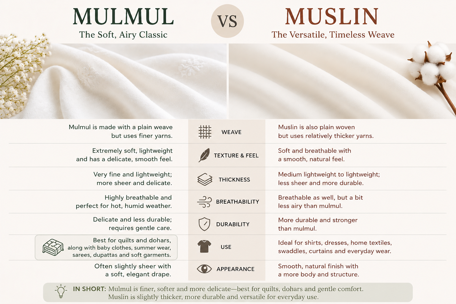infographic comparing mulmul vs muslin fabric showing differences in weave texture breathability and use
