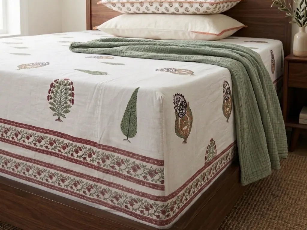Fitted block print bedsheet corner pulled smooth over a mattress, styled with pillows and a green throw