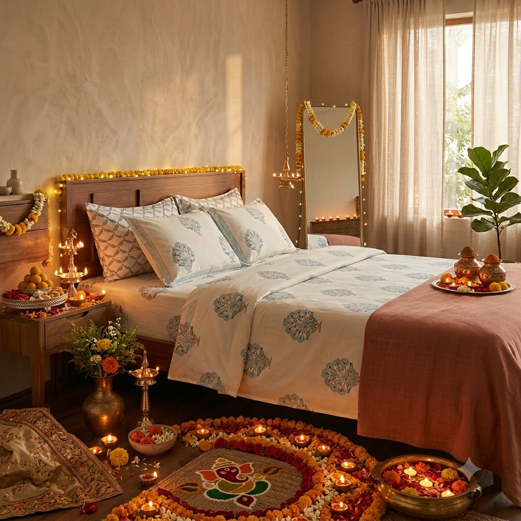 Diwali bedroom décor with Jaipuri hand block print bedding