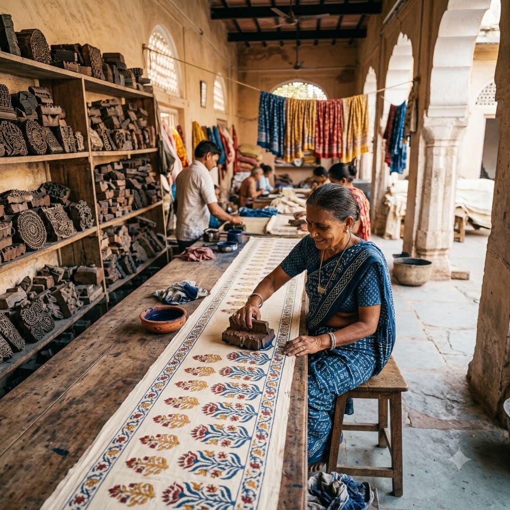 artisan hand block printing cotton fabric Jaipur
