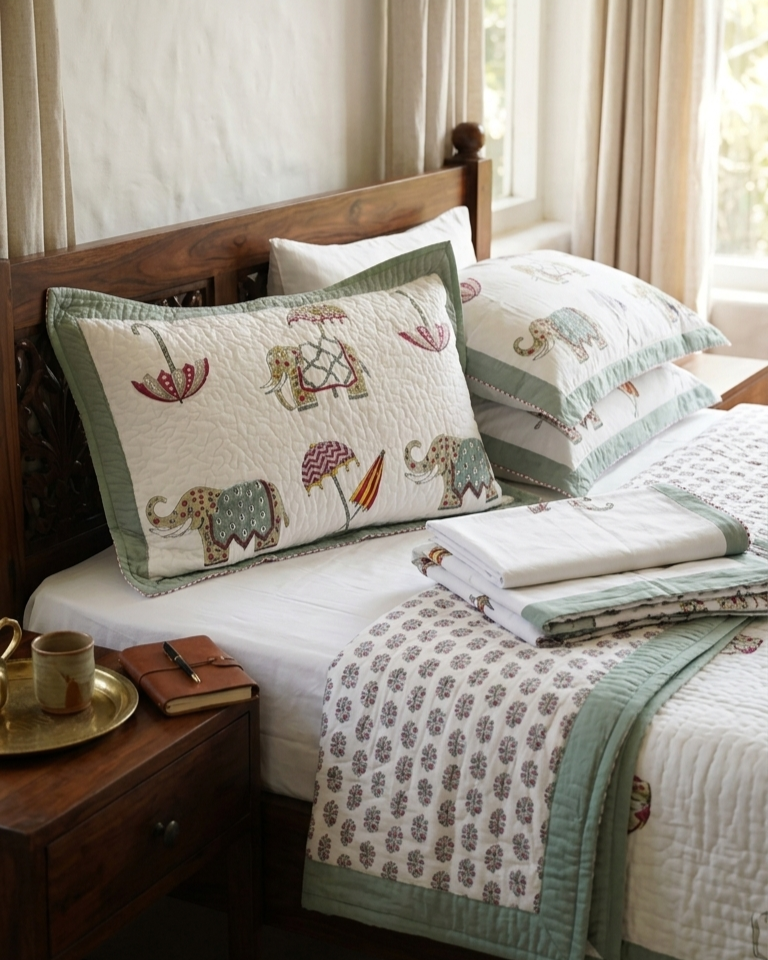 Alt text: Block print quilted pillow shams in an elephant and umbrella motif, styled against a carved wooden headboard with a folded bedsheet and quilt at the bedside