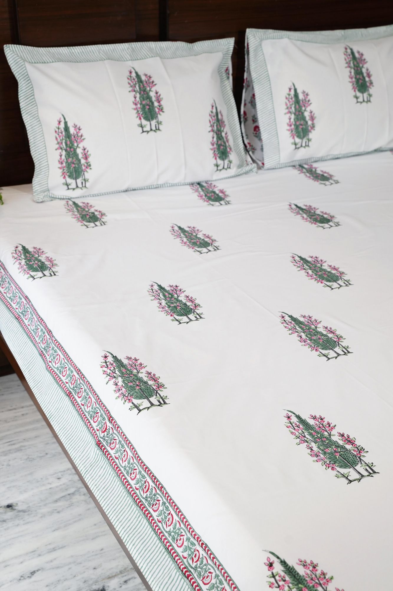 Jaipuri Block Print Bedsheet - Fern Fringed Hand Block Print Cotton Double