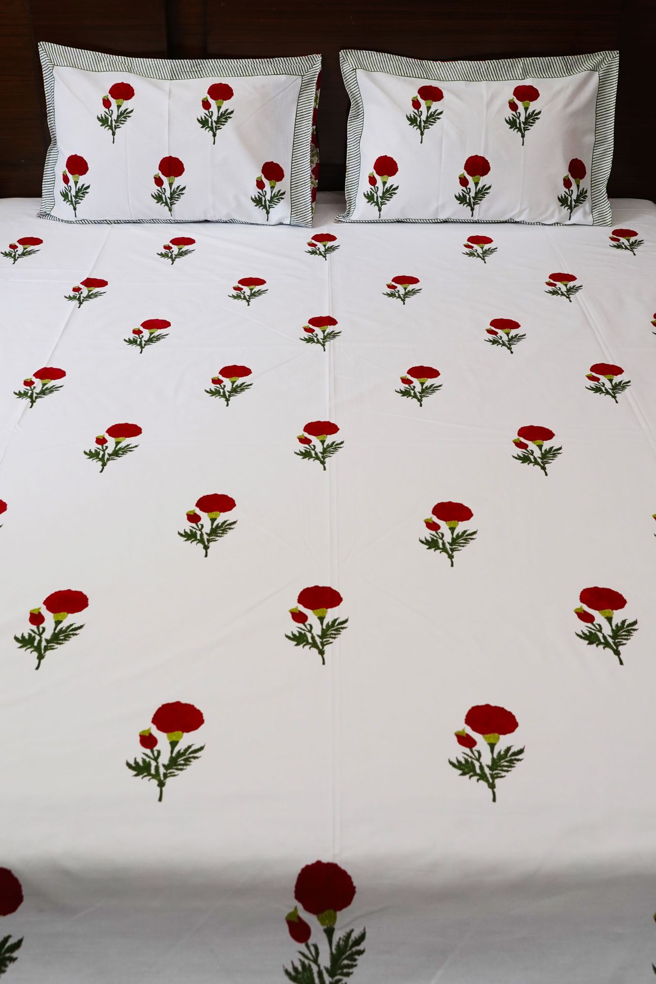 Jaipuri Block Print Bedsheet - Red Daisy Hand Block Print Cotton Double