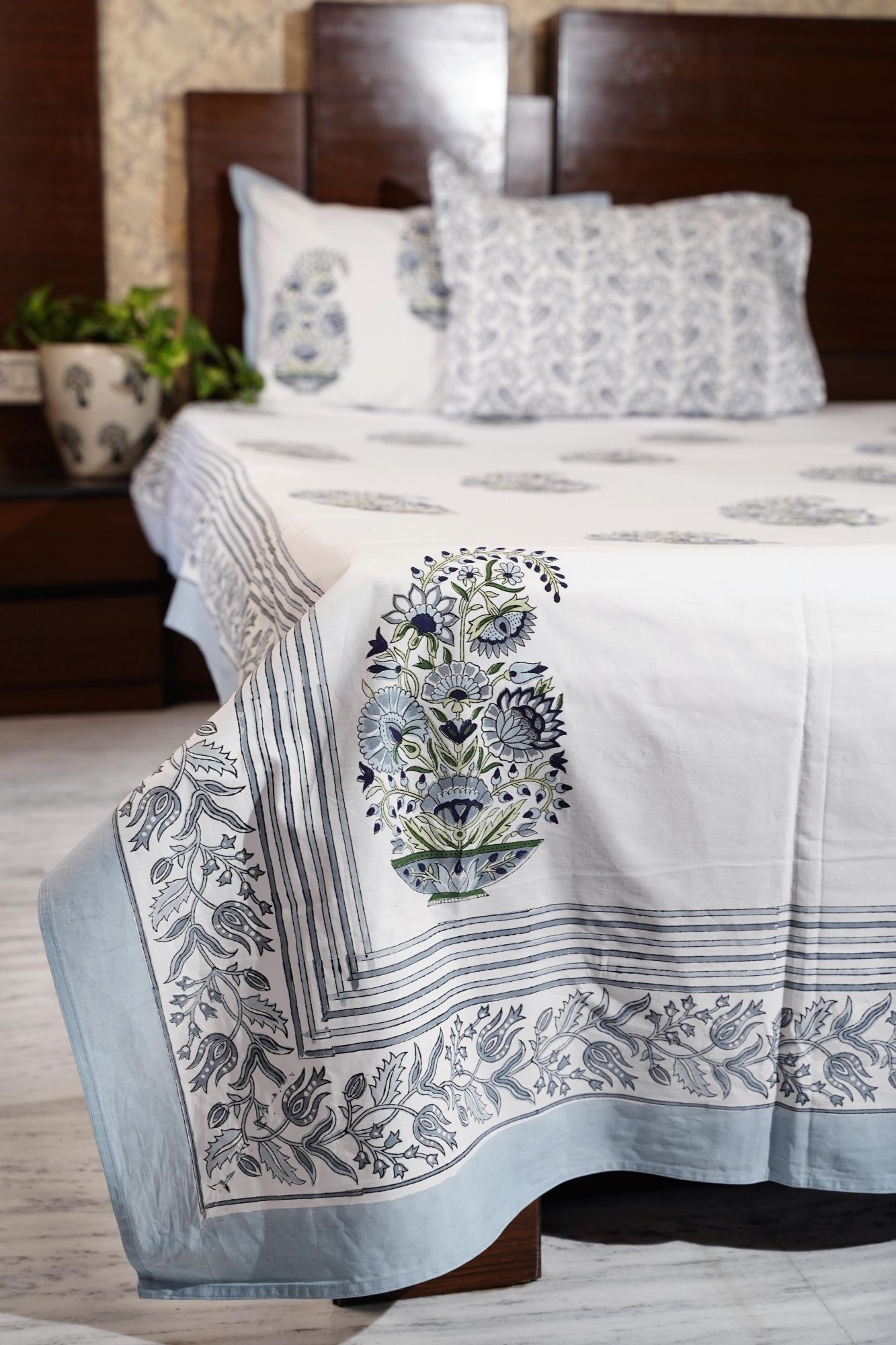 Jaipuri Block Print Bedsheet - Grey Boota Hand Block Print Cotton Double