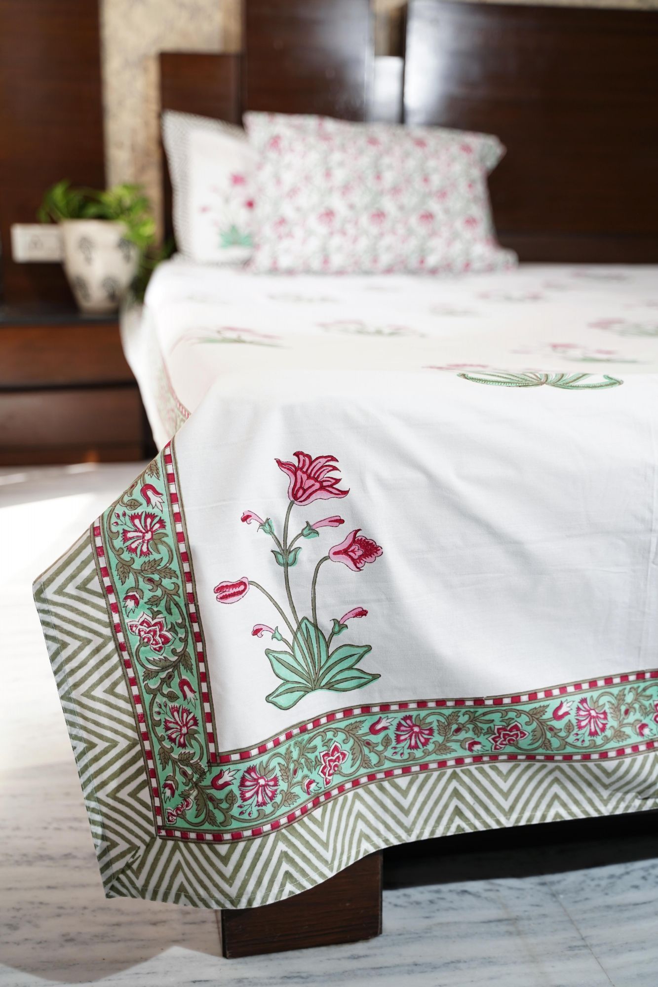 Jaipuri Block Print Bedsheet - Pink Magnolia Hand Block Print Cotton Double