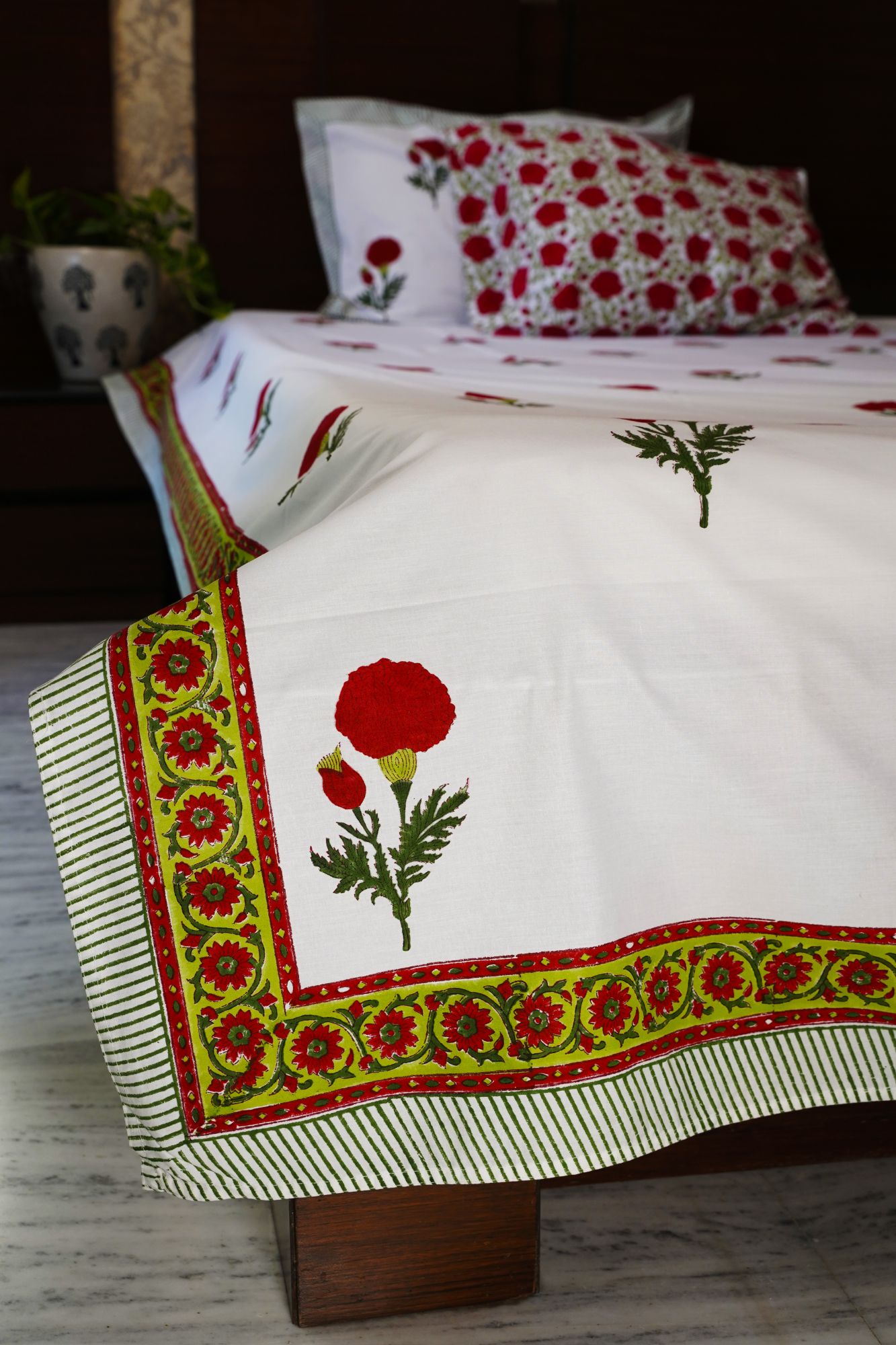 Jaipuri Block Print Bedsheet - Red Daisy Hand Block Print Cotton Double