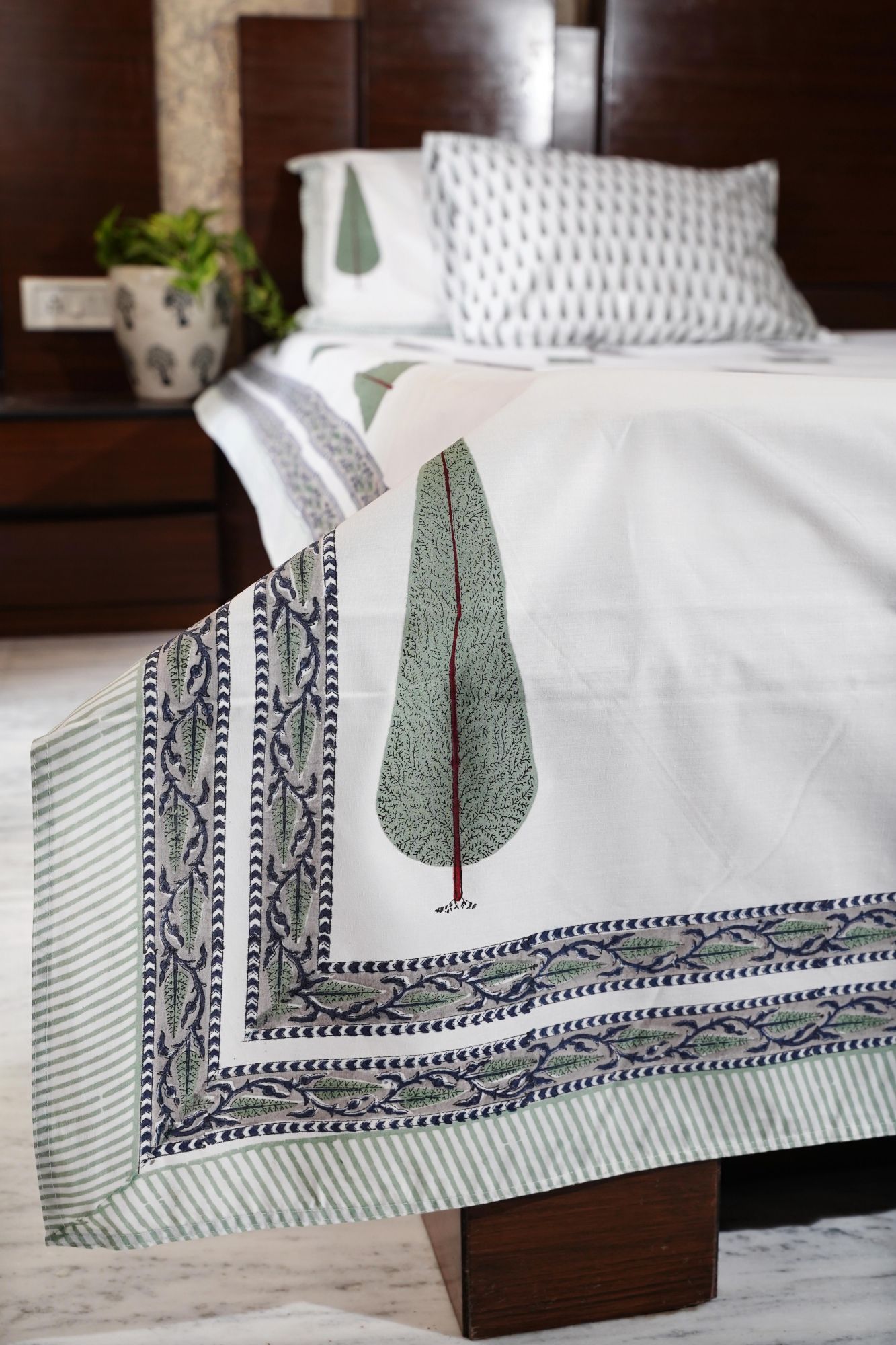 Jaipuri Block Print Bedsheet - Tropical Fern Hand Block Print Cotton Double