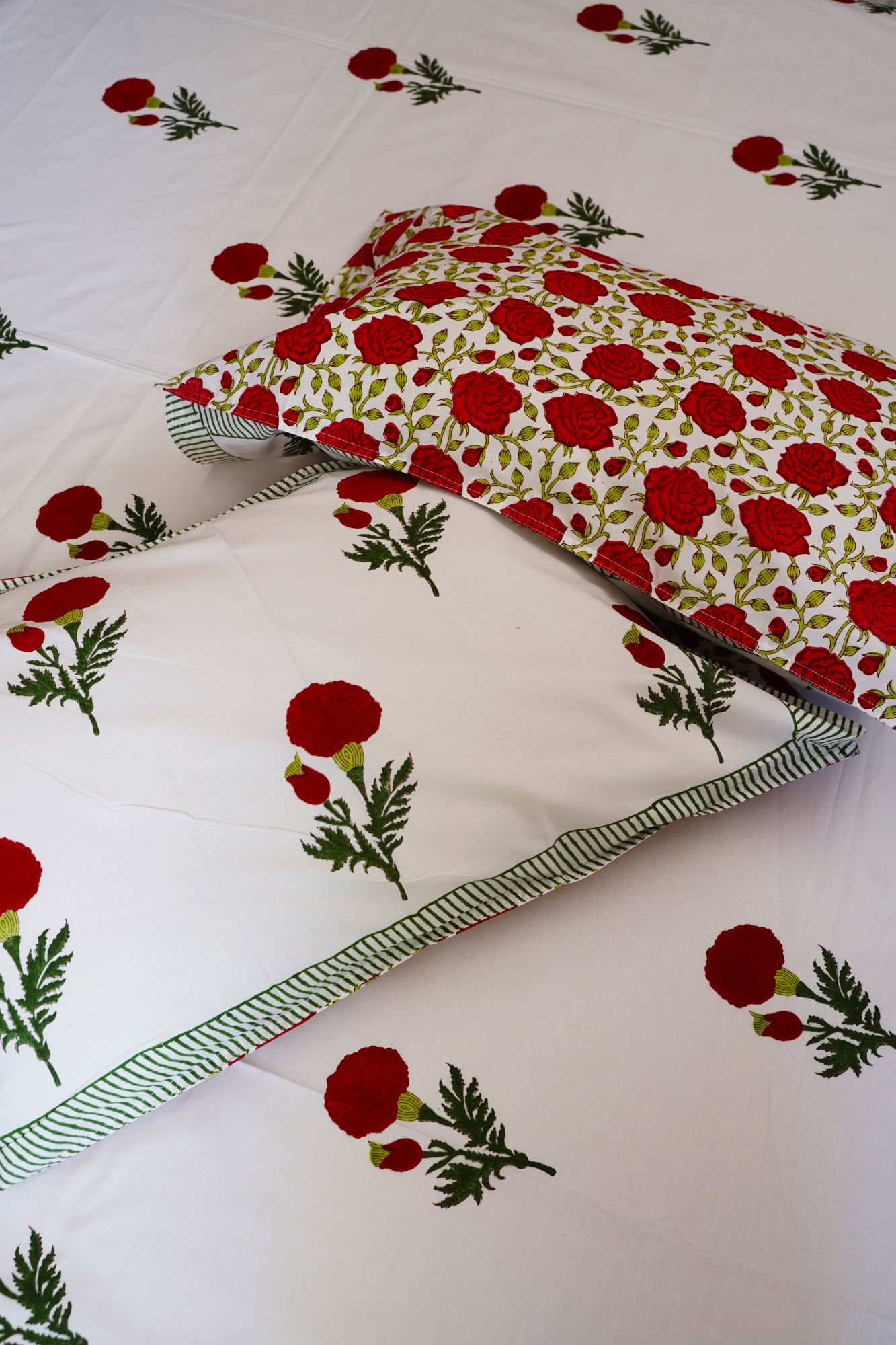 Jaipuri Block Print Bedsheet - Red Daisy Hand Block Print Cotton Double