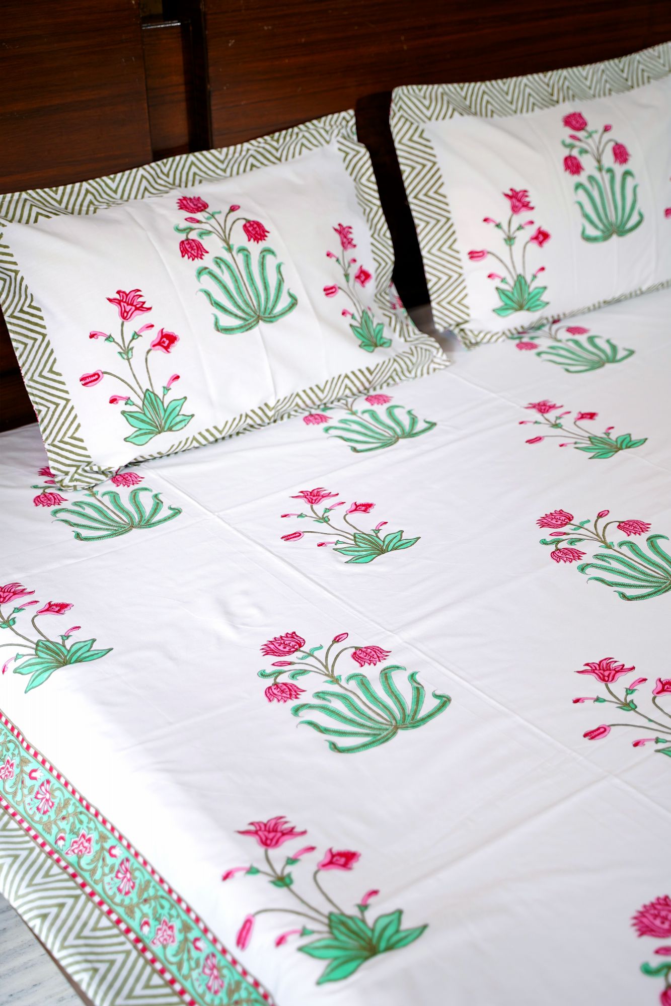 Jaipuri Block Print Bedsheet - Pink Magnolia Hand Block Print Cotton Double