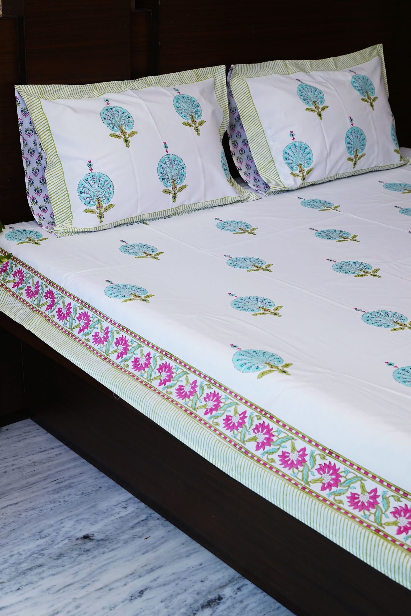 Jaipuri Block Print Bedsheet - Blue Feather Hand Block Print Cotton Double