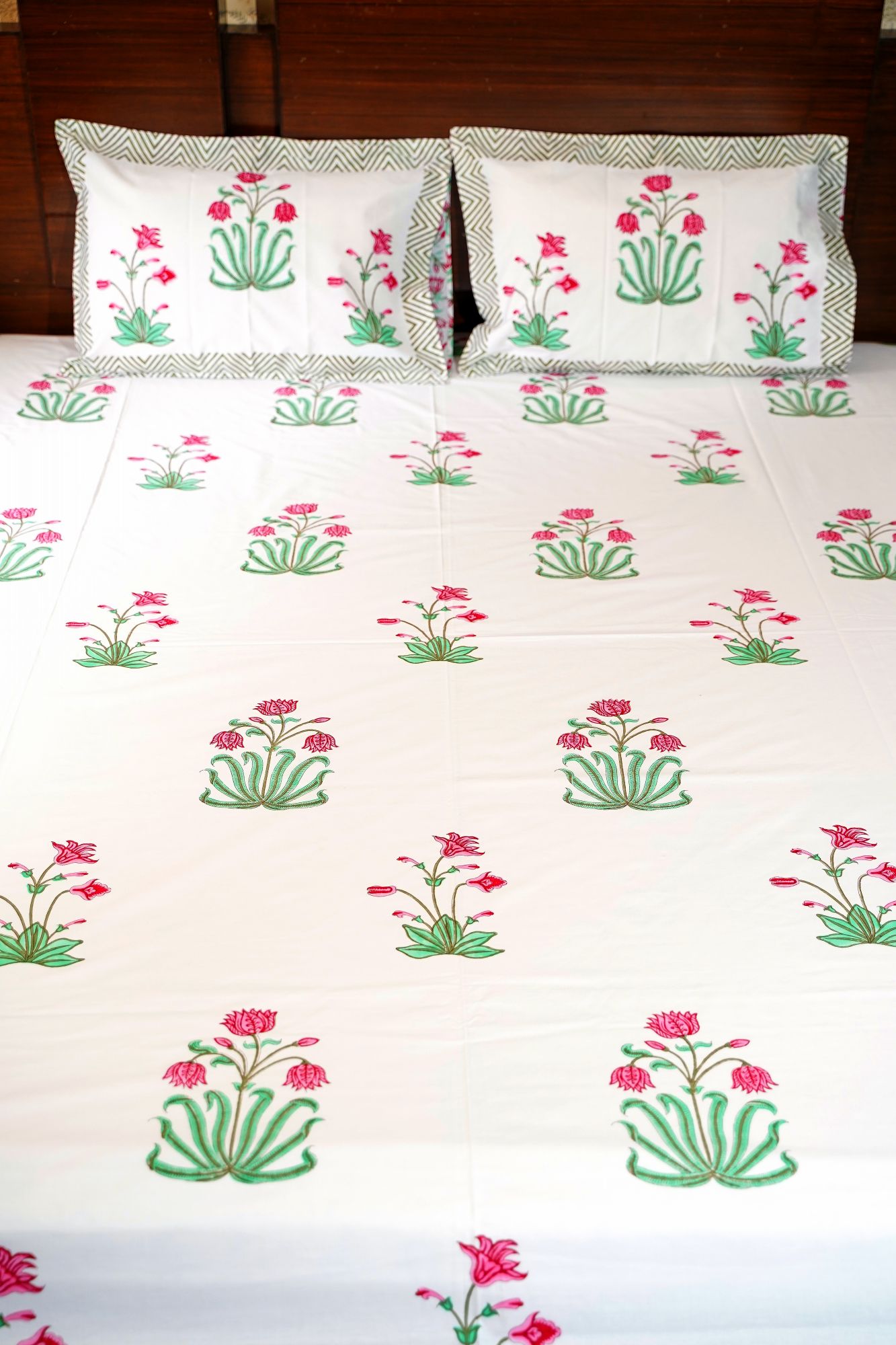 Jaipuri Block Print Bedsheet - Pink Magnolia Hand Block Print Cotton Double