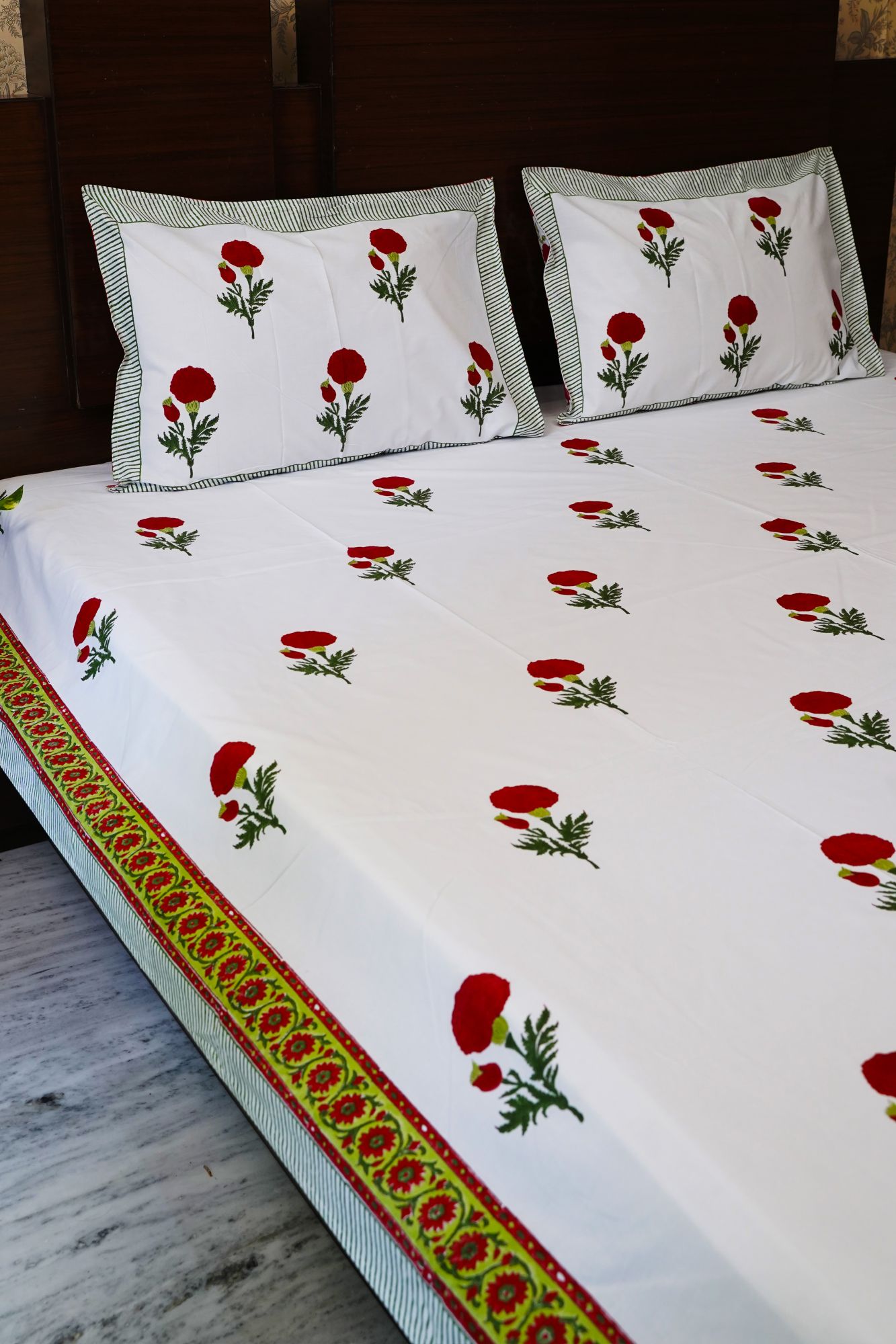 Jaipuri Block Print Bedsheet - Red Daisy Hand Block Print Cotton Double