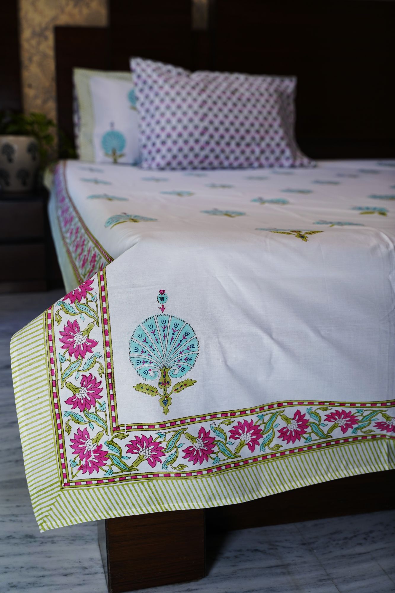 Jaipuri Block Print Bedsheet - Blue Feather Hand Block Print Cotton Double