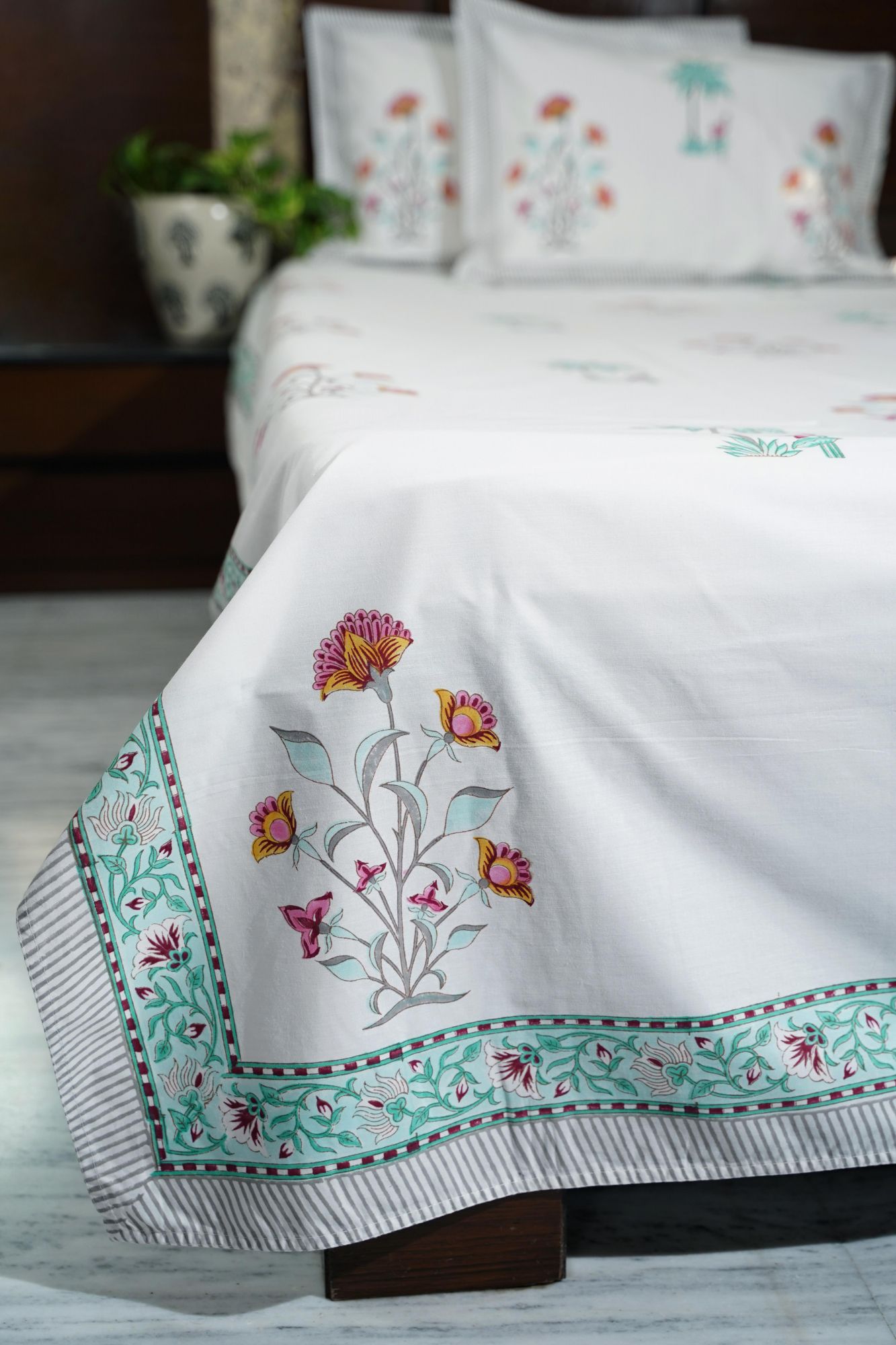 Jaipuri Block Print Bedsheet - Malabar Bloomer Hand Block Print Cotton Double
