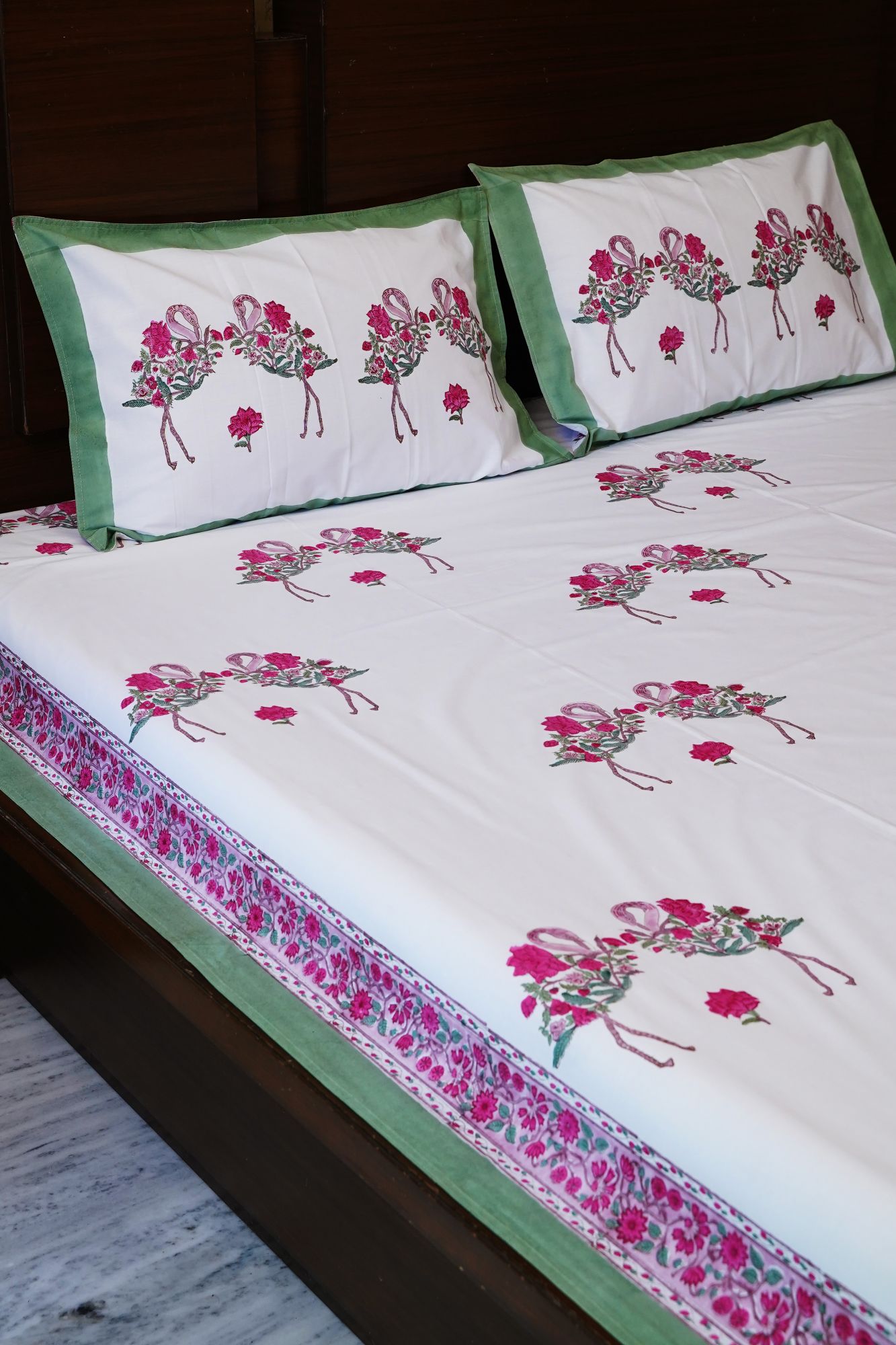 Jaipuri Block Print Bedsheet - Flamingo Pink Hand Block Print Cotton Double
