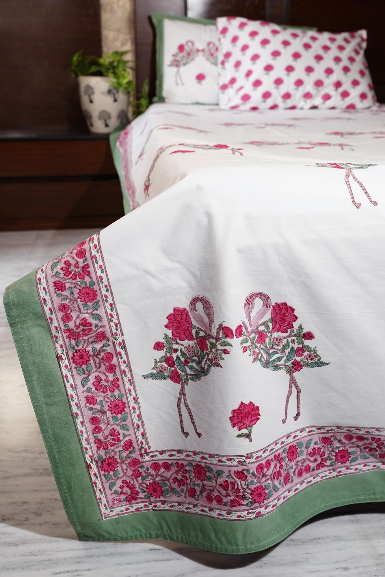 Jaipuri Block Print Bedsheet - Flamingo Pink Hand Block Print Cotton Double