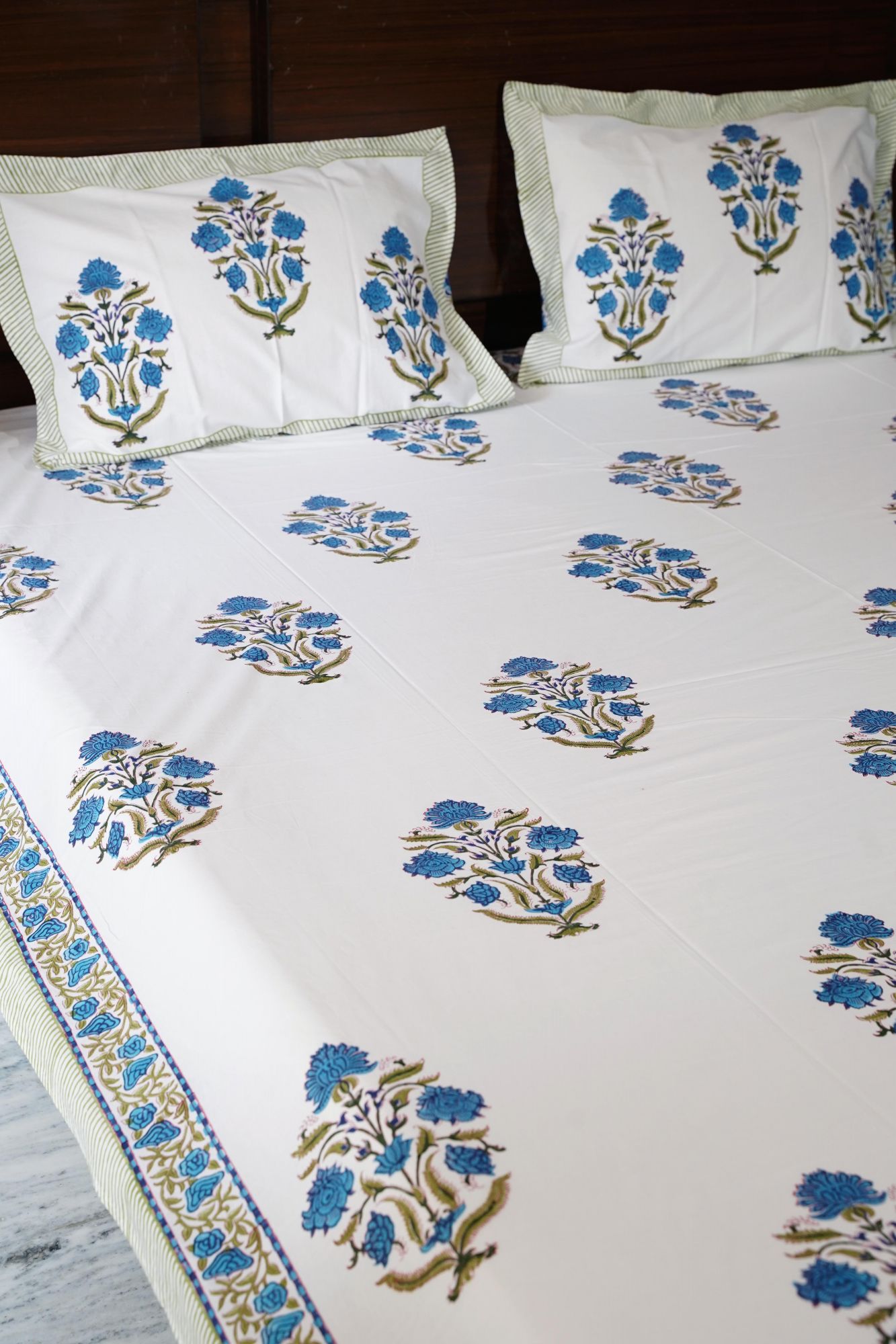 Jaipuri Block Print Bedsheet - Bluish Bloomers Double Hand Block Print Cotton Double