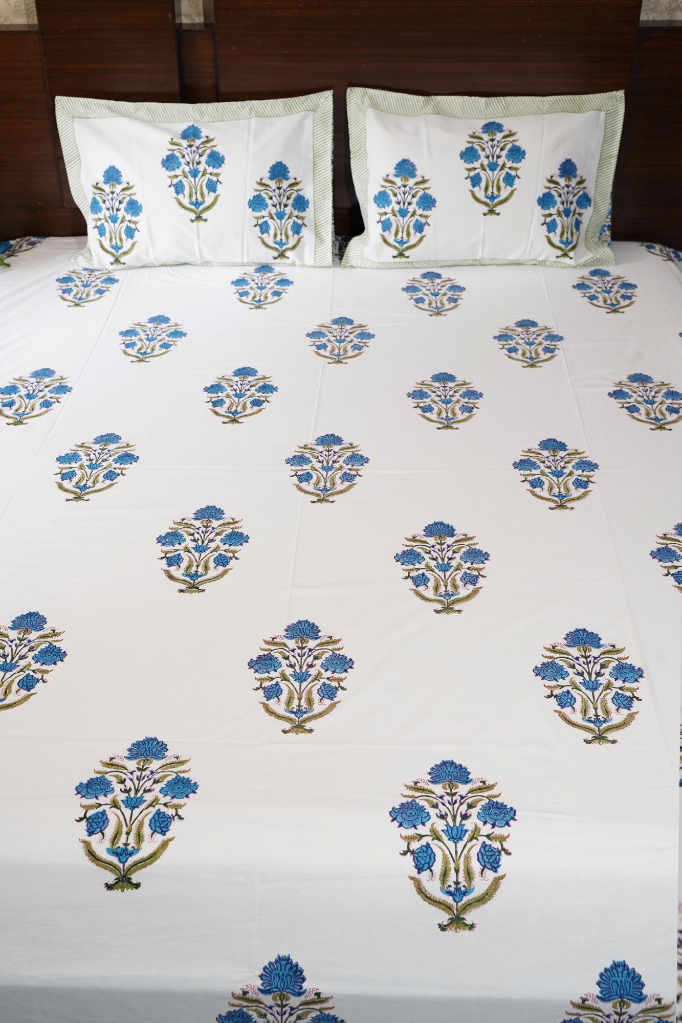 Jaipuri Block Print Bedsheet - Bluish Bloomers Double Hand Block Print Cotton Double