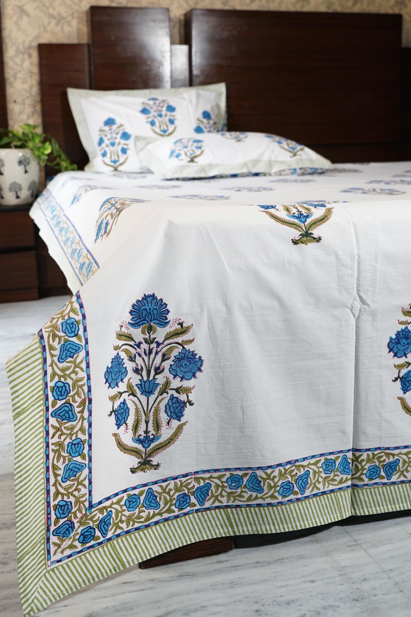 Jaipuri Block Print Bedsheet - Bluish Bloomers Double Hand Block Print Cotton Double