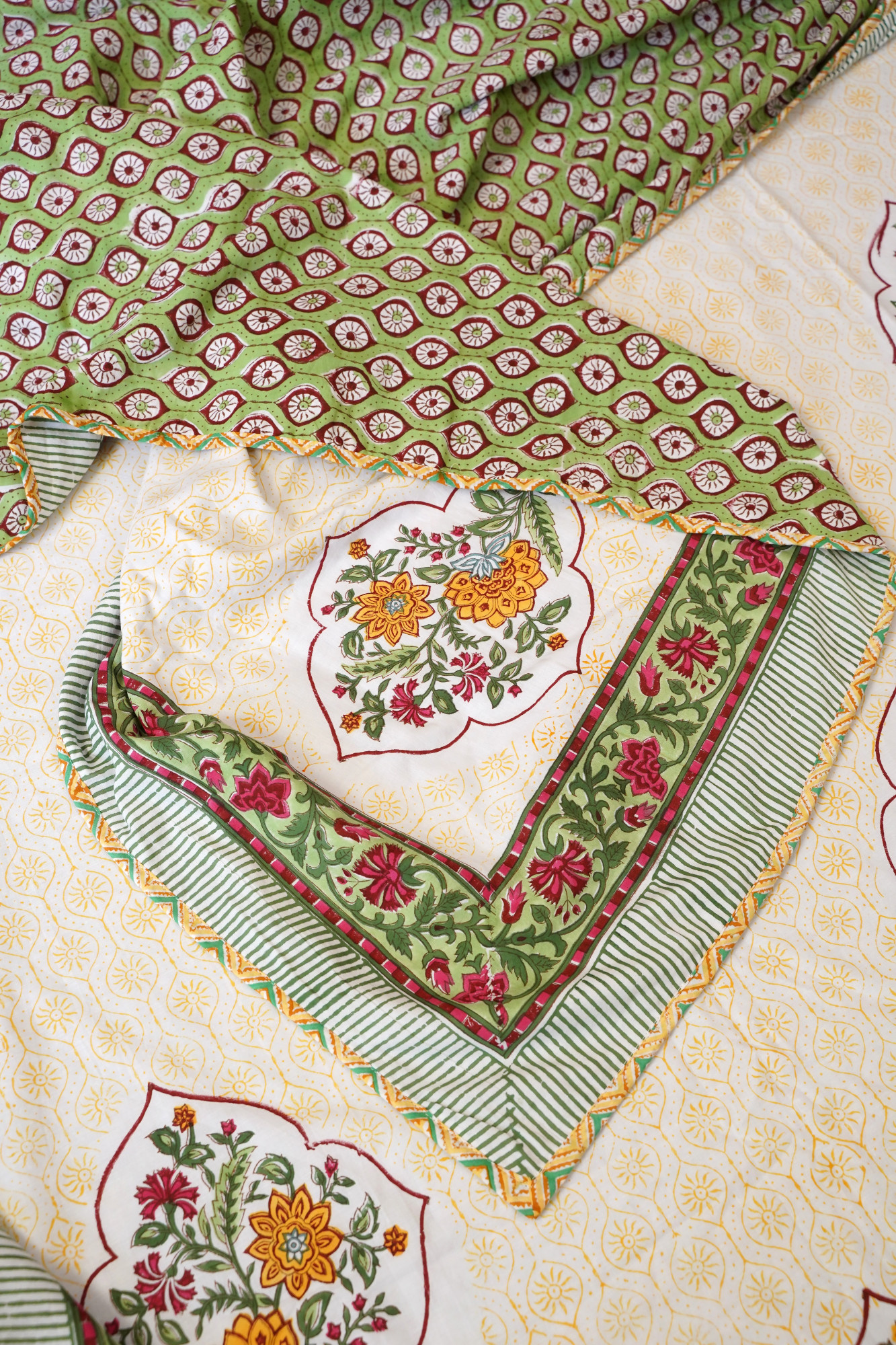 Block Print Dohar - Yellow Jaal Hand Block Print Cotton Jaipuri
