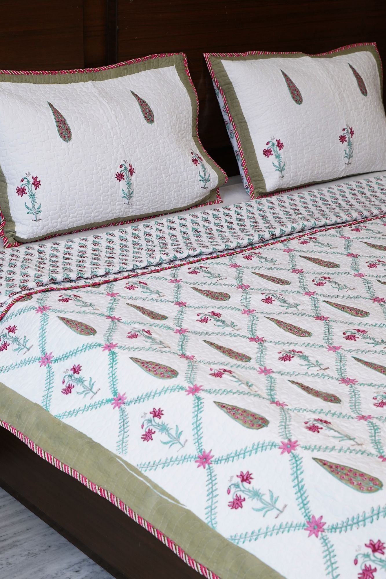 Block Print Bedcover - Multicolored Jaal Hand Block Print Premium Cotton Double