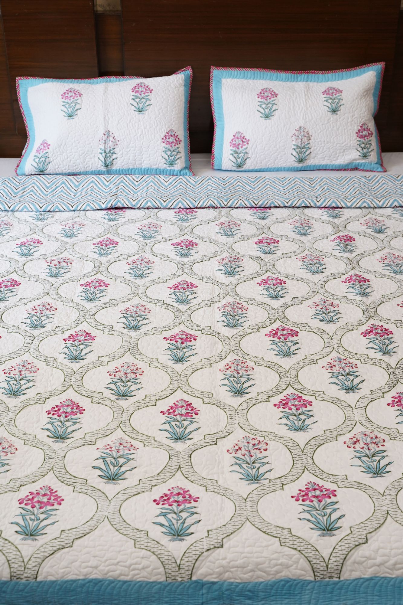 Block Print Bedcover - Pink Jaal Hand Block Print Premium Cotton Double