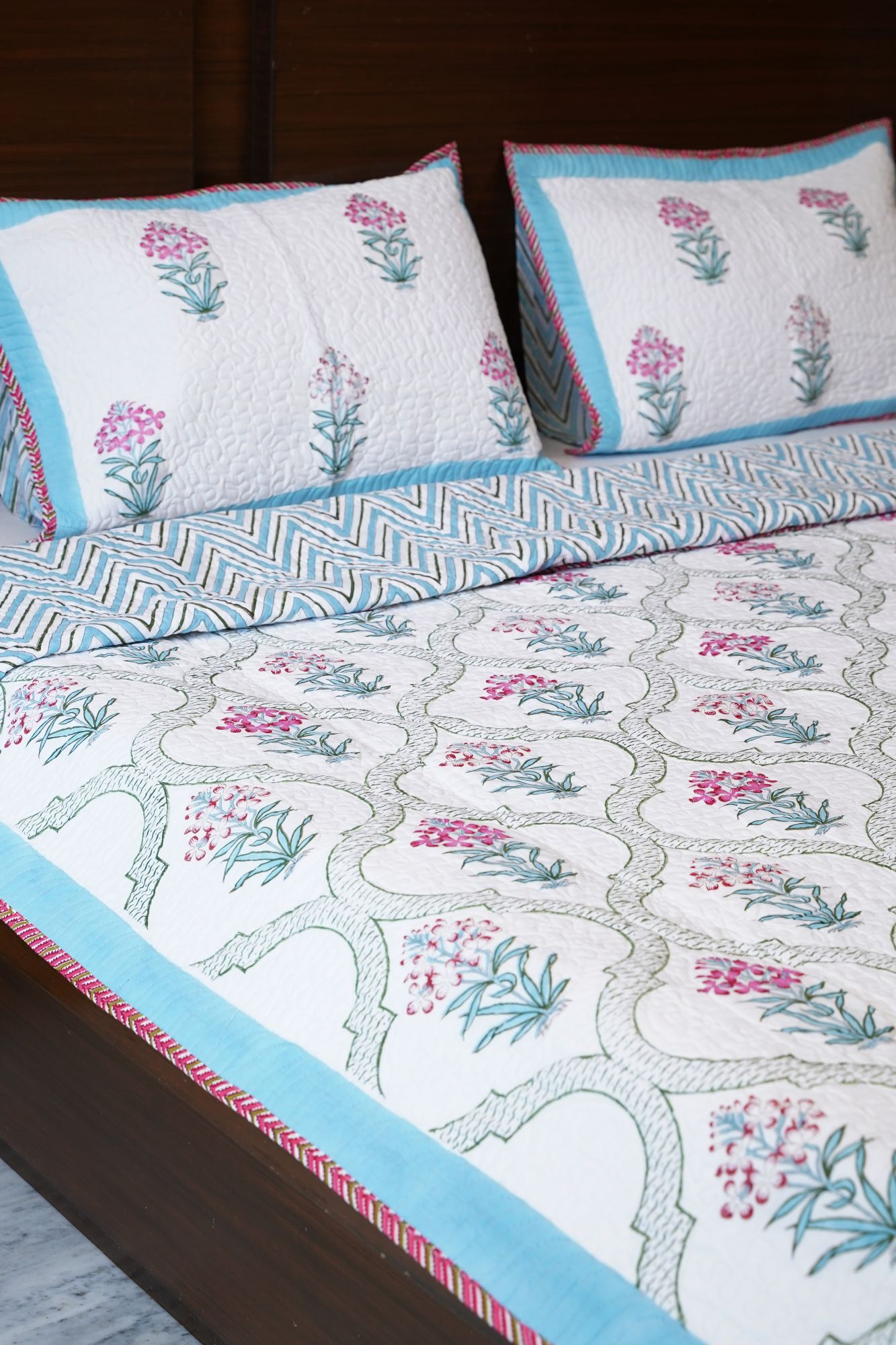 Block Print Bedcover - Pink Jaal Hand Block Print Premium Cotton Double