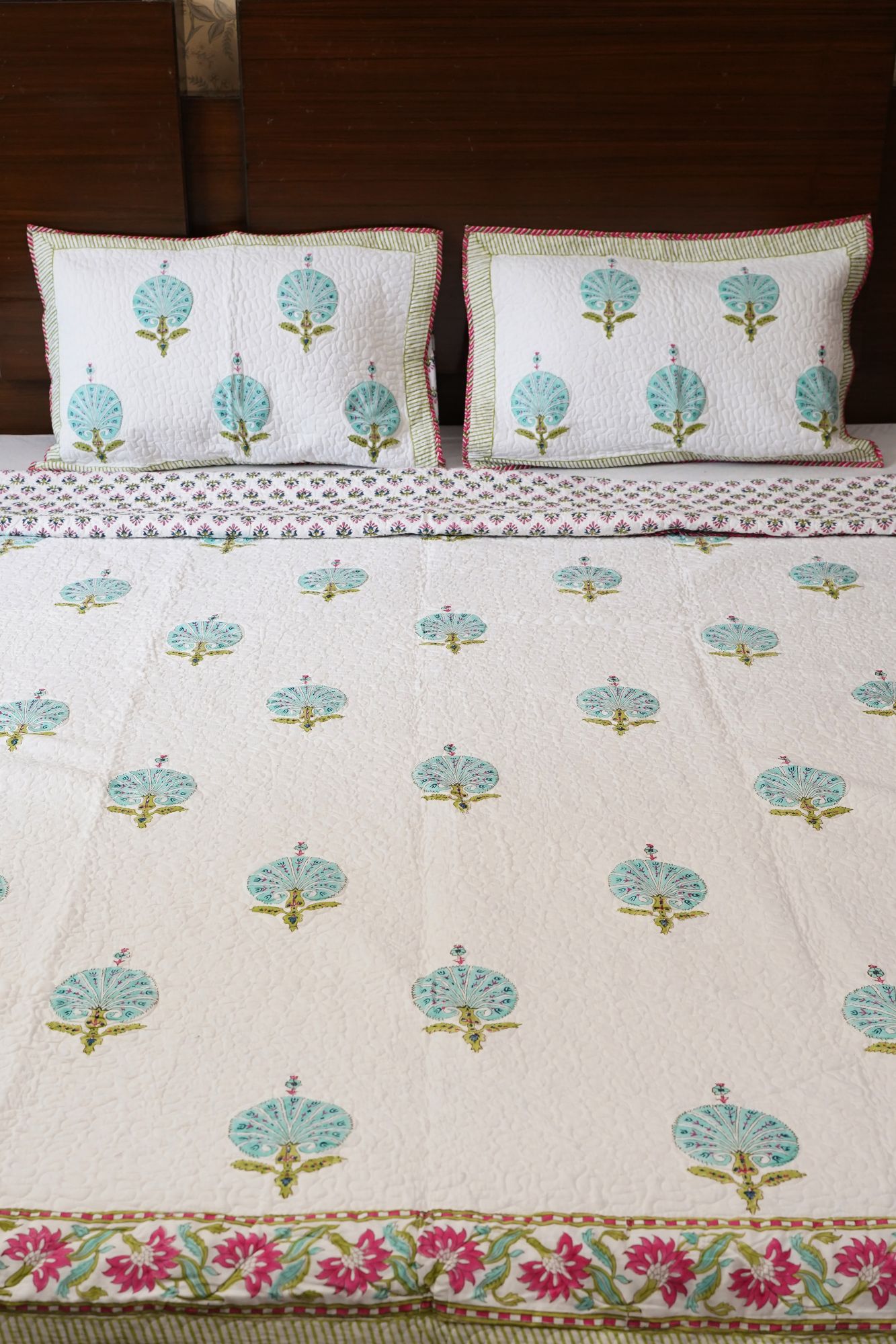 Block Print Bedcover - Blue Feather Hand Block Print Premium Cotton Double
