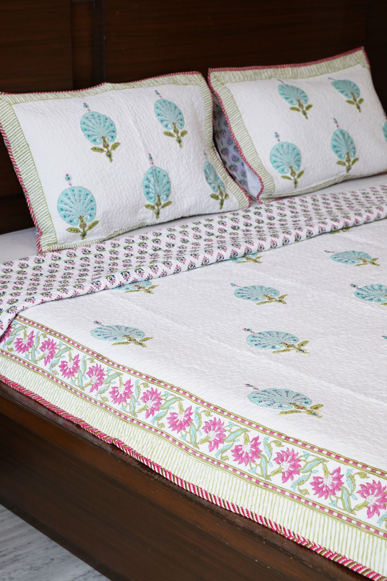 Block Print Bedcover - Blue Feather Hand Block Print Premium Cotton Double