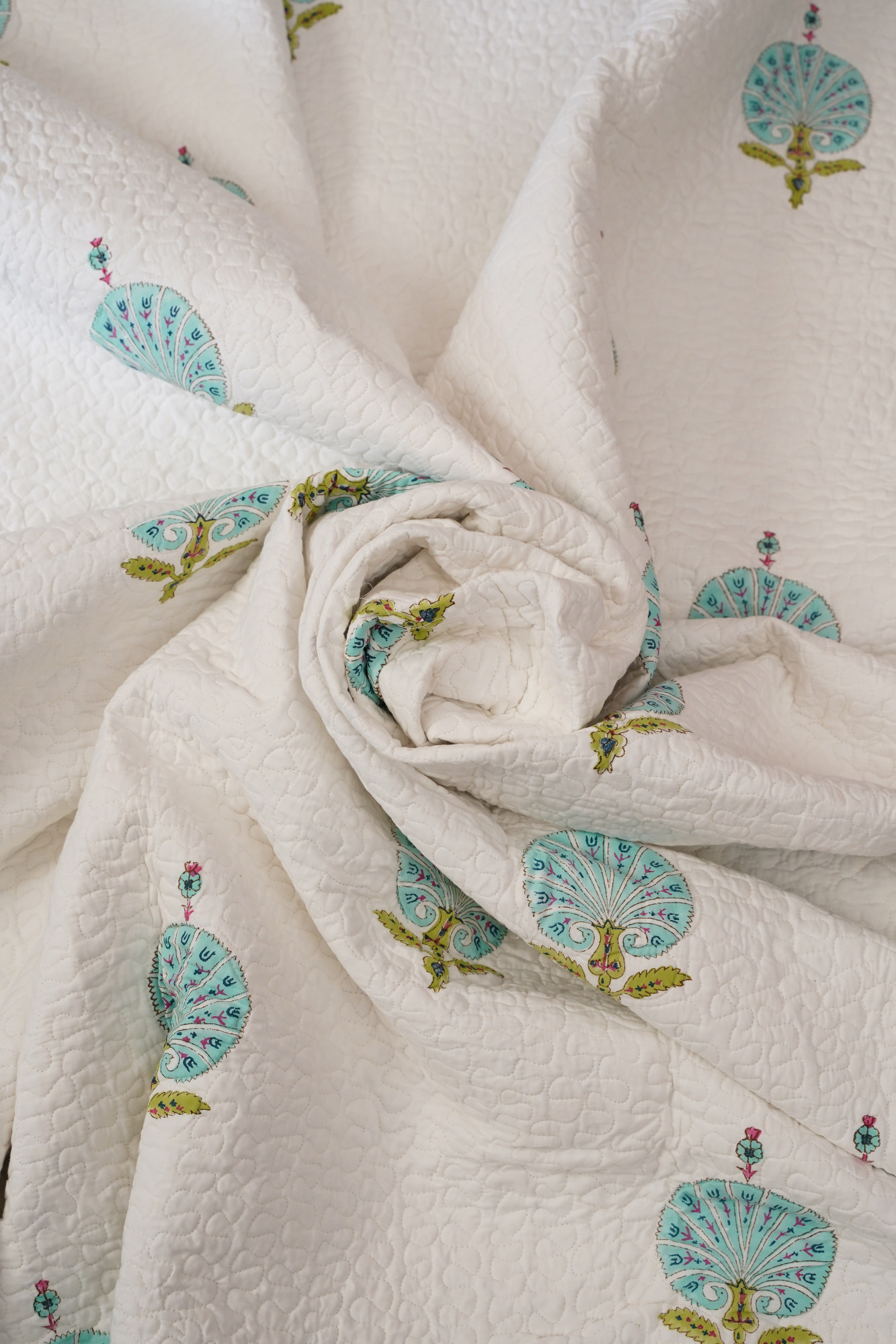 Block Print Bedcover - Blue Feather Hand Block Print Premium Cotton Double