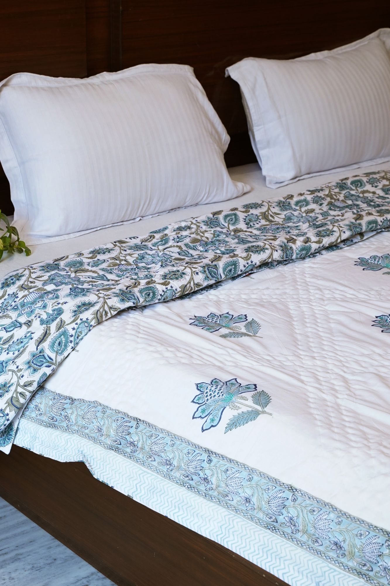 Hand Block Print Mulmul Quilt - Blue Jaal Soft Jaipuri Razai Double