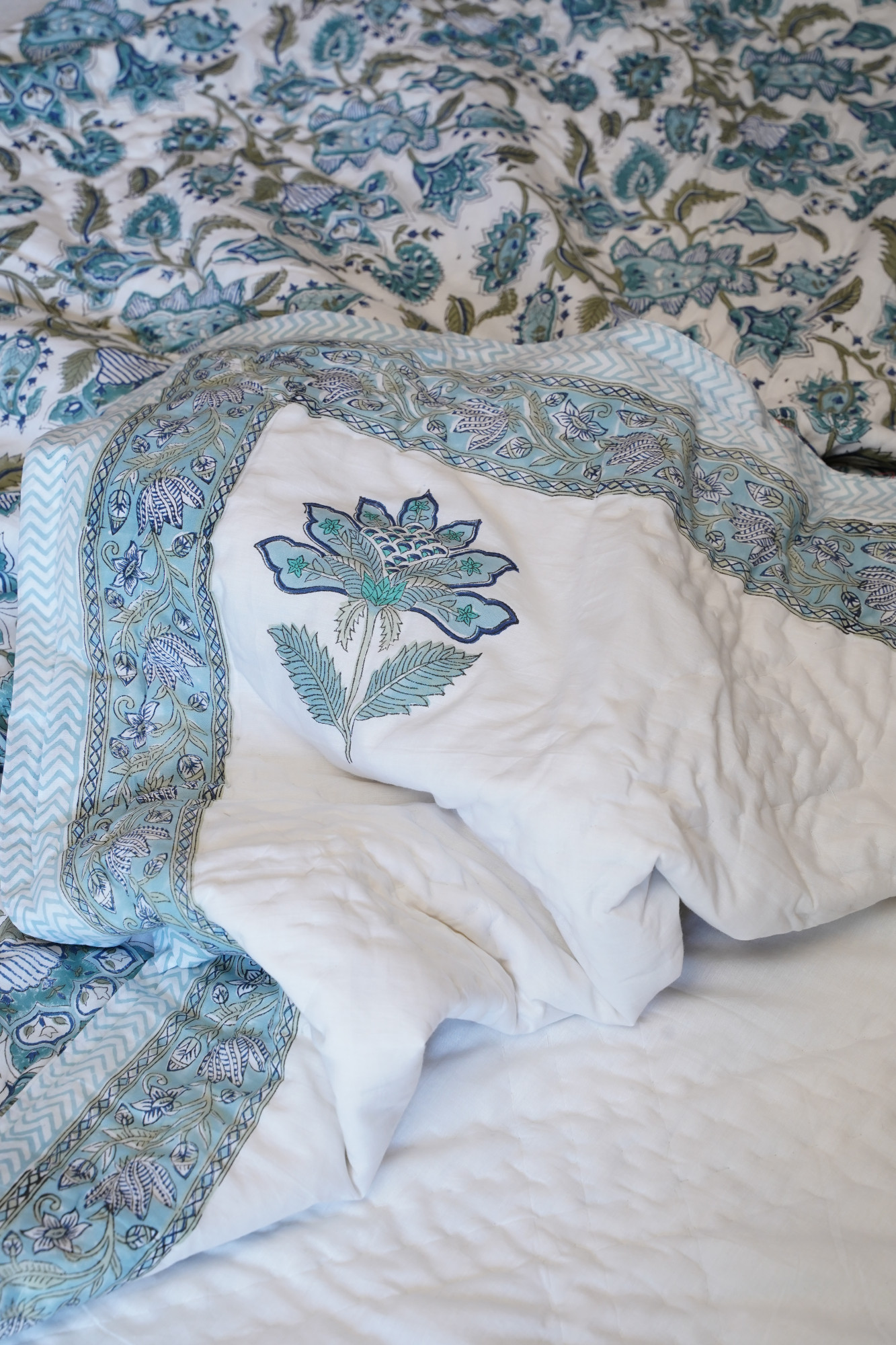 Hand Block Print Mulmul Quilt - Blue Jaal Soft Jaipuri Razai Double