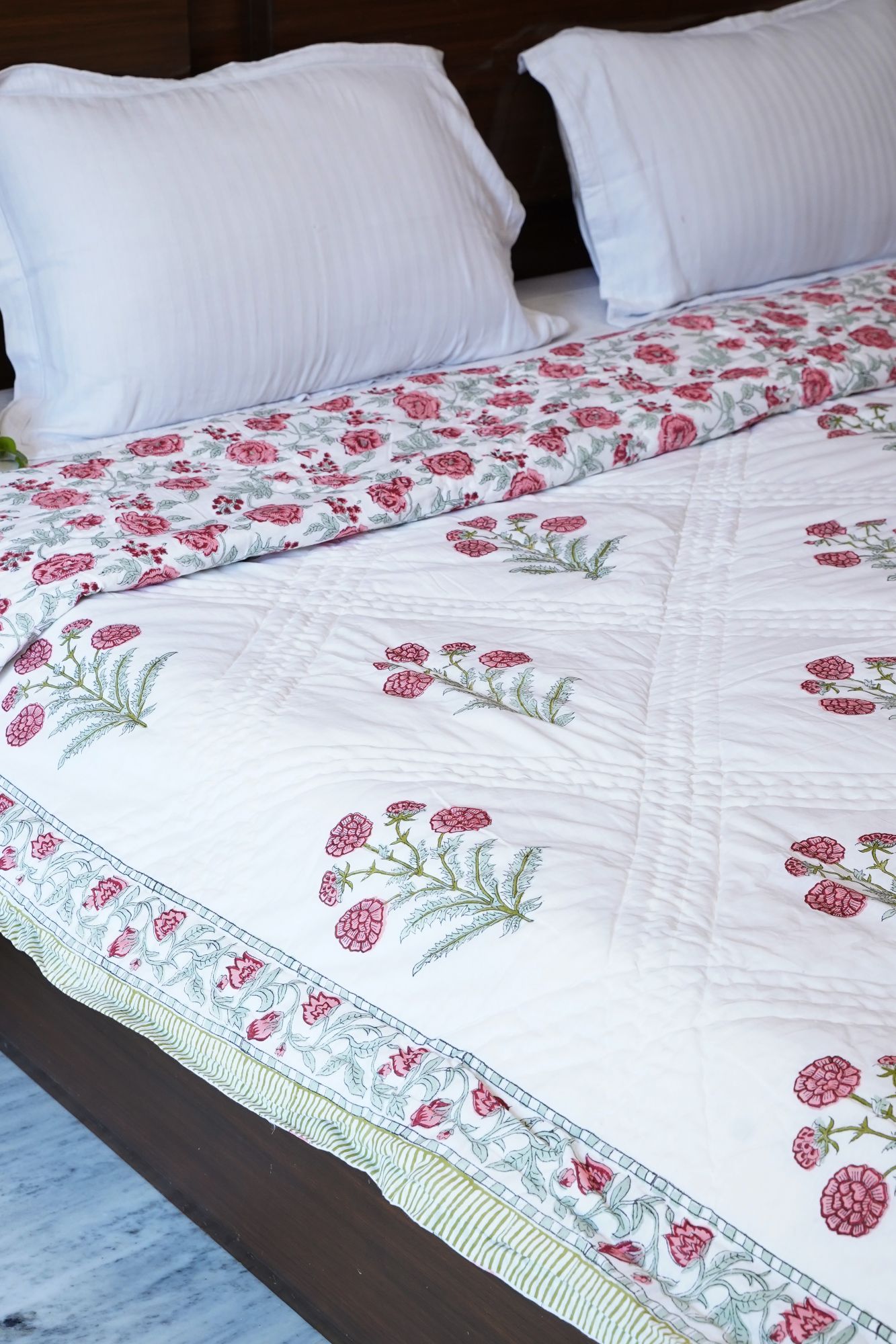Hand Block Print Mulmul Quilt - Pink Buds Soft Jaipuri Razai Double