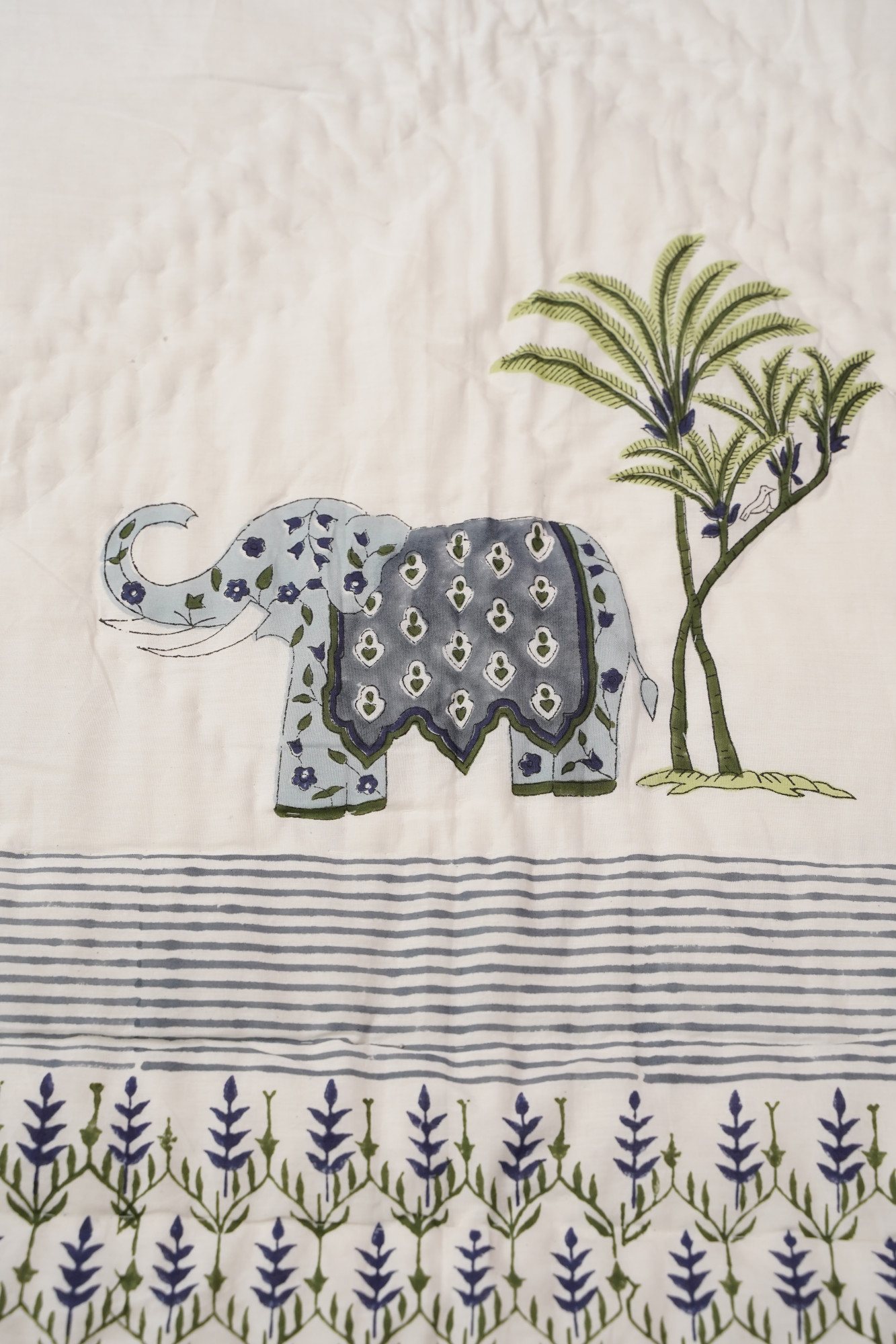 Hand Block Print Mulmul Quilt - Grey Haathi Soft Jaipuri Razai Double