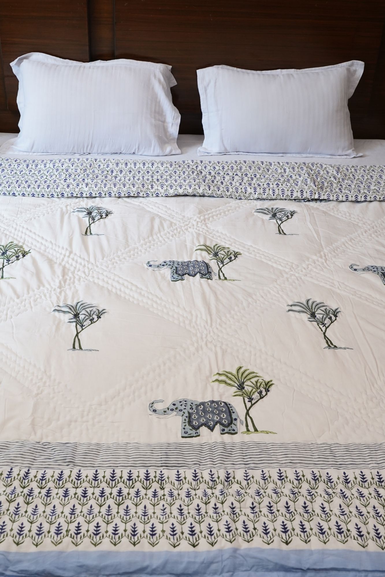 Hand Block Print Mulmul Quilt - Grey Haathi Soft Jaipuri Razai Double