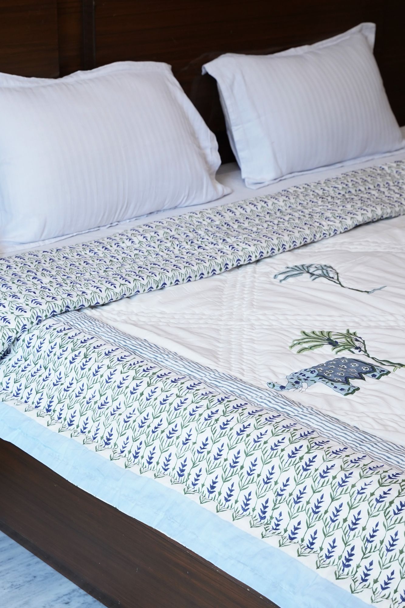 Hand Block Print Mulmul Quilt - Grey Haathi Soft Jaipuri Razai Double