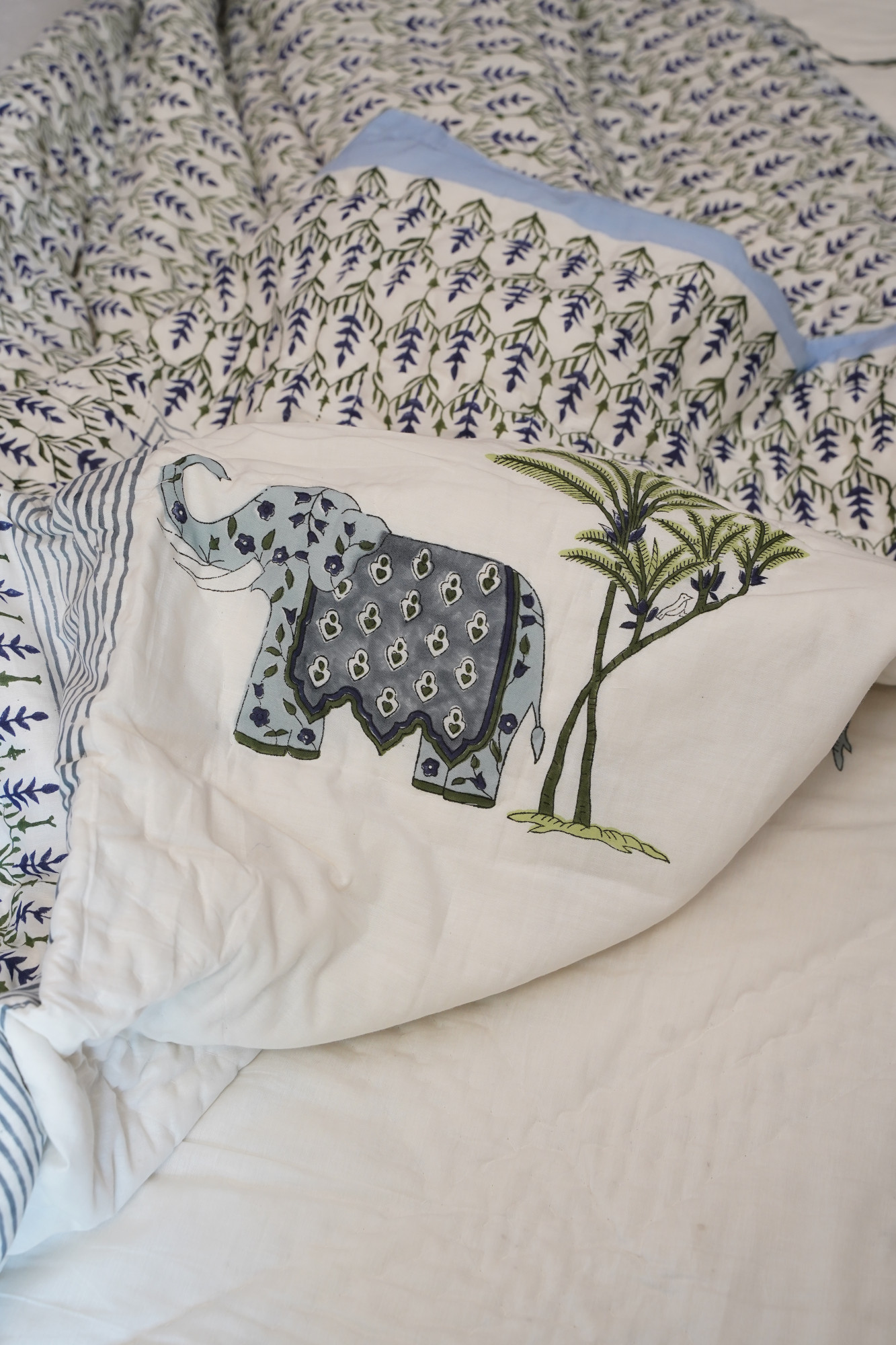 Hand Block Print Mulmul Quilt - Grey Haathi Soft Jaipuri Razai Double