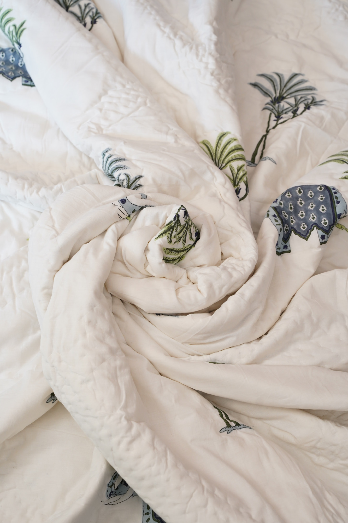 Hand Block Print Mulmul Quilt - Grey Haathi Soft Jaipuri Razai Double