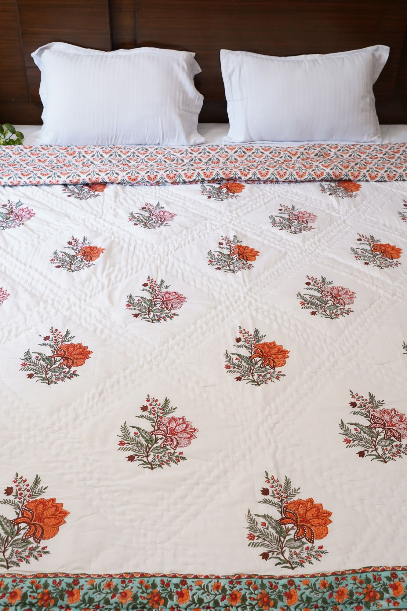 Hand Block Print Mulmul Quilt - Orange Floral Soft Jaipuri Razai Double