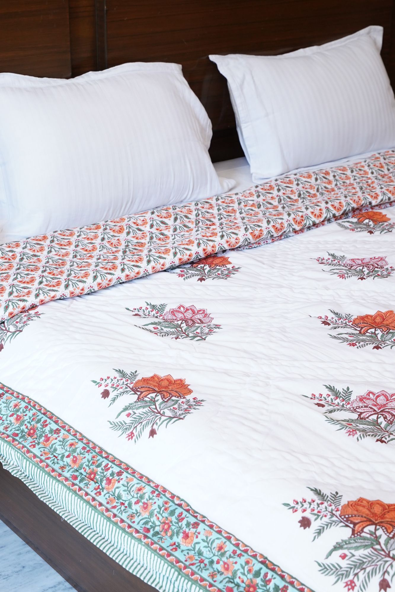 Hand Block Print Mulmul Quilt - Orange Floral Soft Jaipuri Razai Double