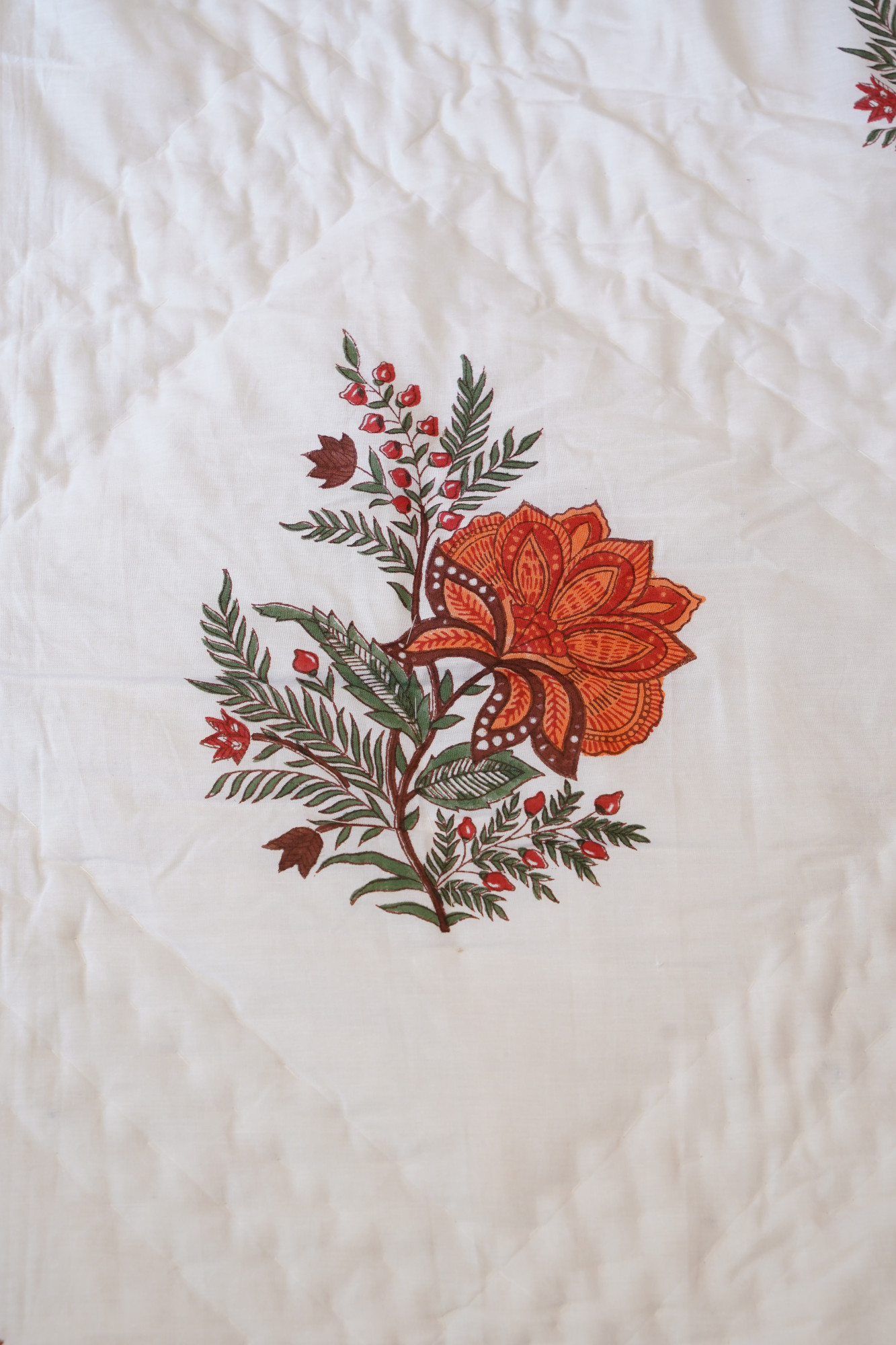 Hand Block Print Mulmul Quilt - Orange Floral Soft Jaipuri Razai Double