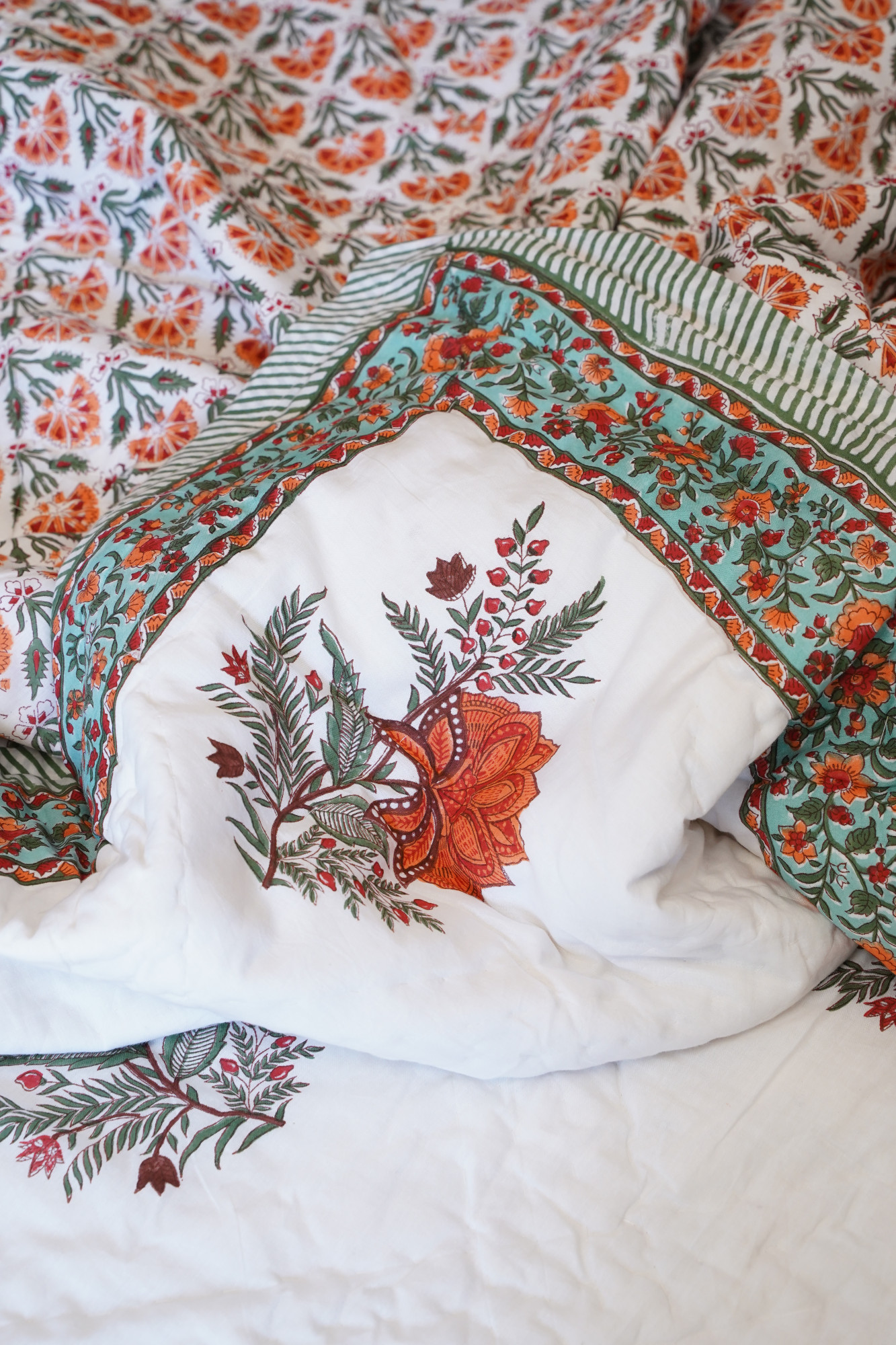 Hand Block Print Mulmul Quilt - Orange Floral Soft Jaipuri Razai Double