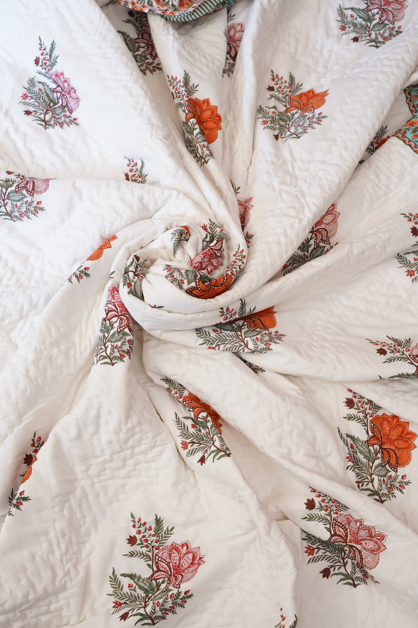 Hand Block Print Mulmul Quilt - Orange Floral Soft Jaipuri Razai Double
