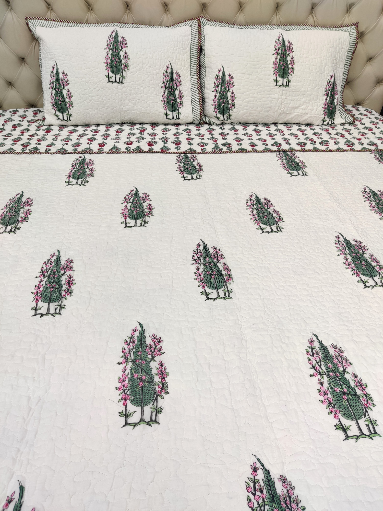 Block Print Bedcover - Fern Fringed Hand Block Print Premium Cotton Double